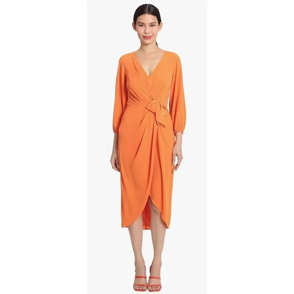 Maggy London Women's Long Sleeve V-Neck Faux Wrap Crepe Dress -8